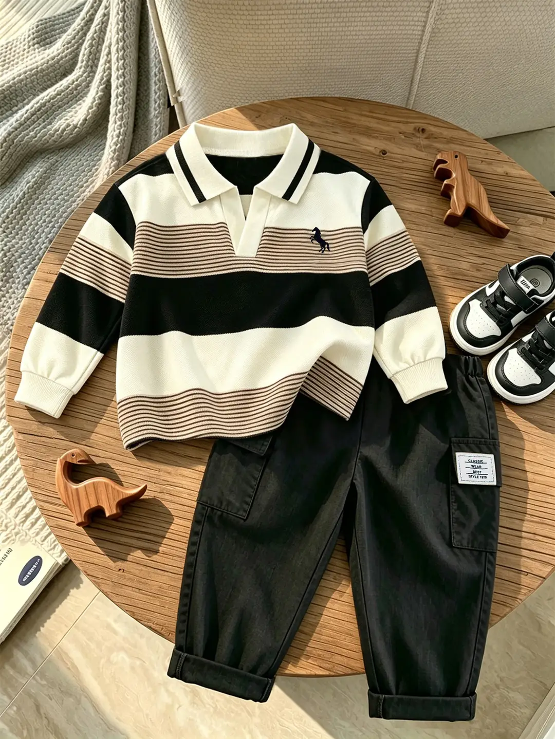 2026 New Children's Outfit: Spring and Autumn Long-Sleeve Striped Boys' Casual Versatile Cargo Pants Trendy Two-Piece Children's Clothing Set — feature 4
