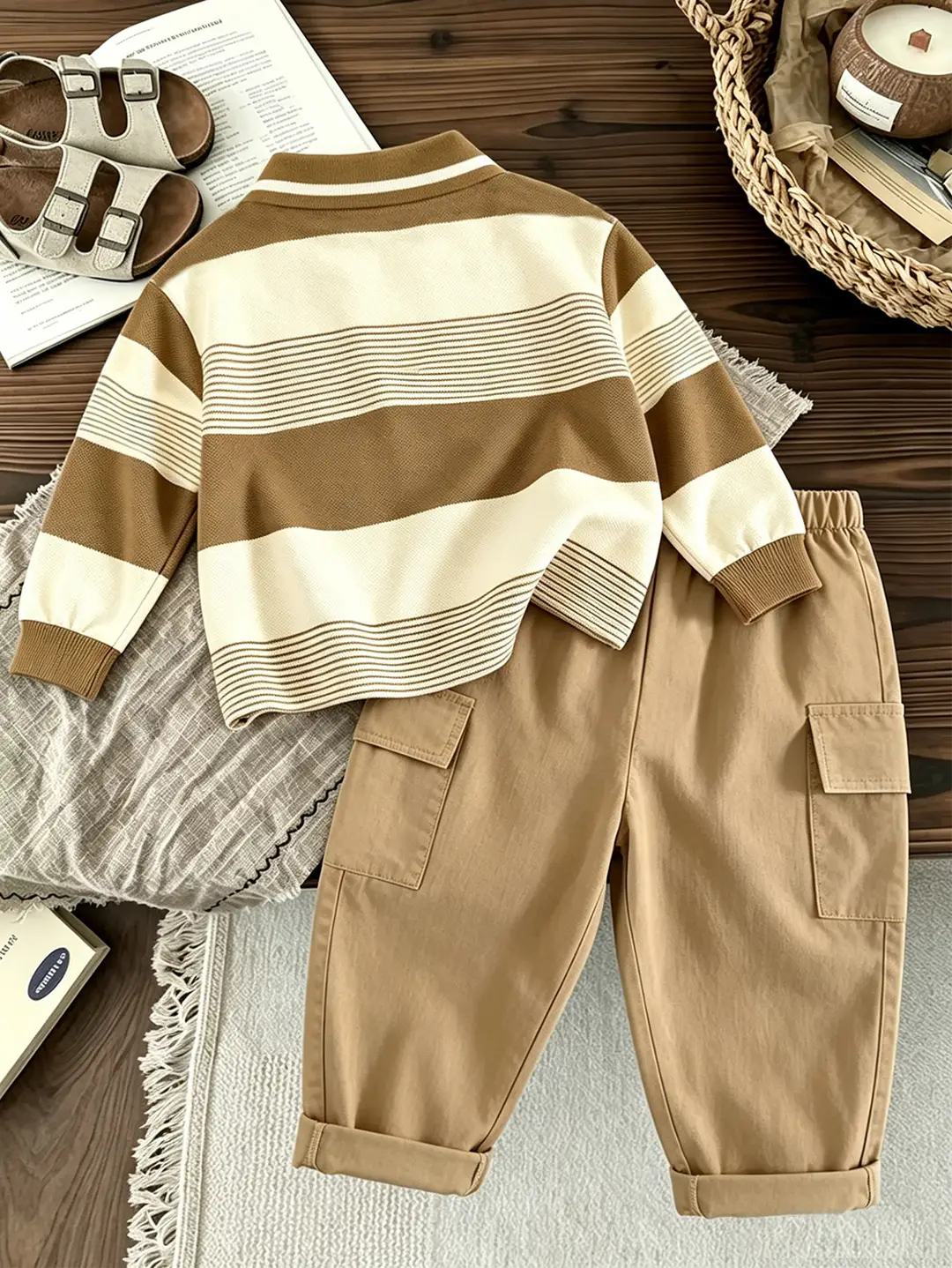 2026 New Children's Outfit: Spring and Autumn Long-Sleeve Striped Boys' Casual Versatile Cargo Pants Trendy Two-Piece Children's Clothing Set — feature 5