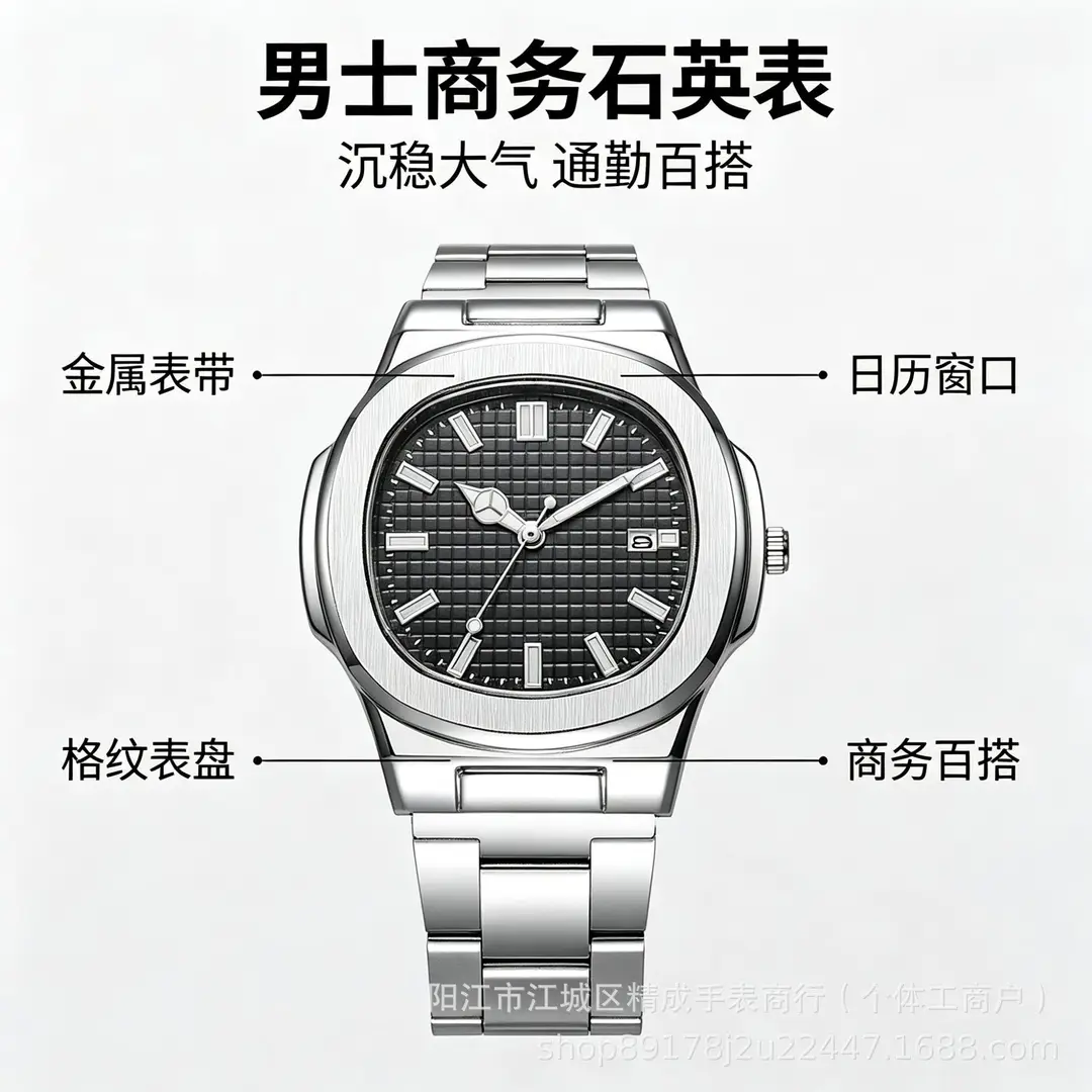 New hot-selling square sports calendar steel band watch for men, quartz wristwatch with butterfly clasp, business watch wholesale