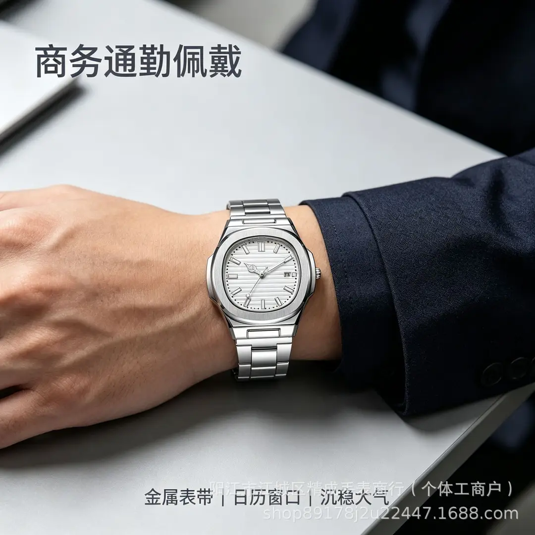 New hot-selling square sports calendar steel band watch for men, quartz wristwatch with butterfly clasp, business watch wholesale