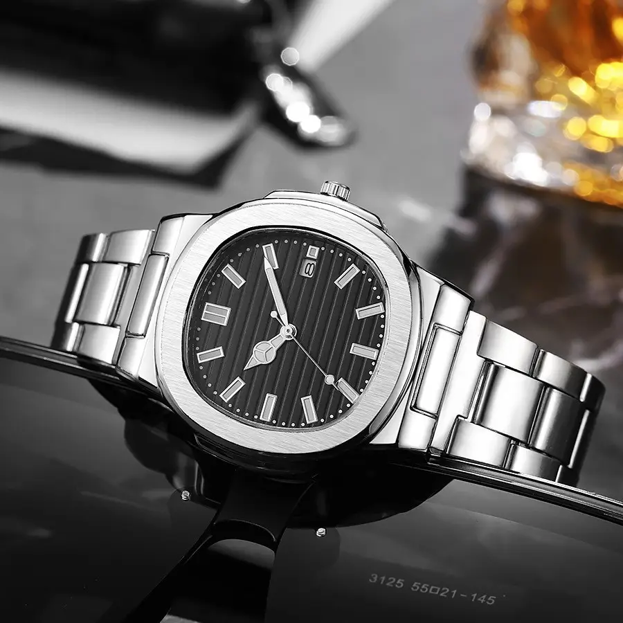 New hot-selling square sports calendar steel band watch for men, quartz wristwatch with butterfly clasp, business watch wholesale — feature 3