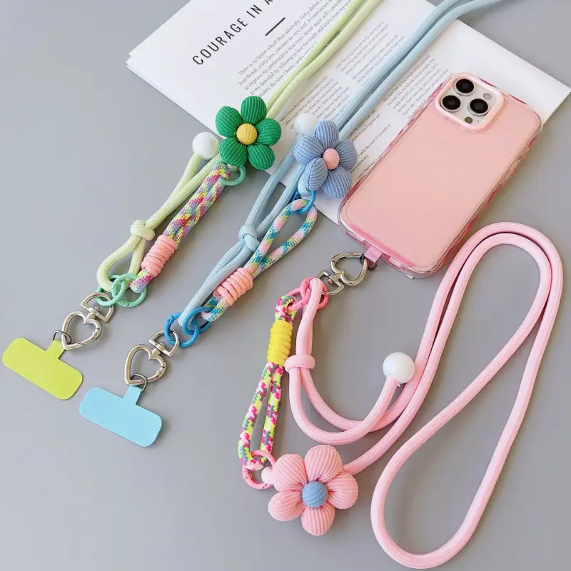 Popular cross-border foreign trade product, customizable mobile phone lanyard, floral long strap, pearl crossbody, suitable for both men and women, for outdoor hiking