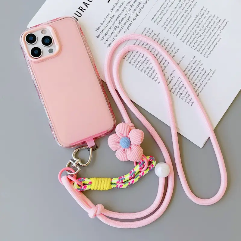 Popular cross-border foreign trade product, customizable mobile phone lanyard, floral long strap, pearl crossbody, suitable for both men and women, for outdoor hiking