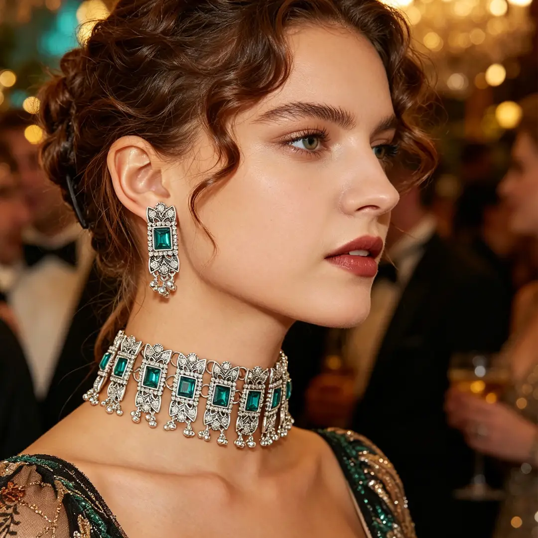 Cross-border bestseller: Exaggerated square diamond earrings and necklace set, vintage ethnic style, luxurious earrings, simple choker accessory