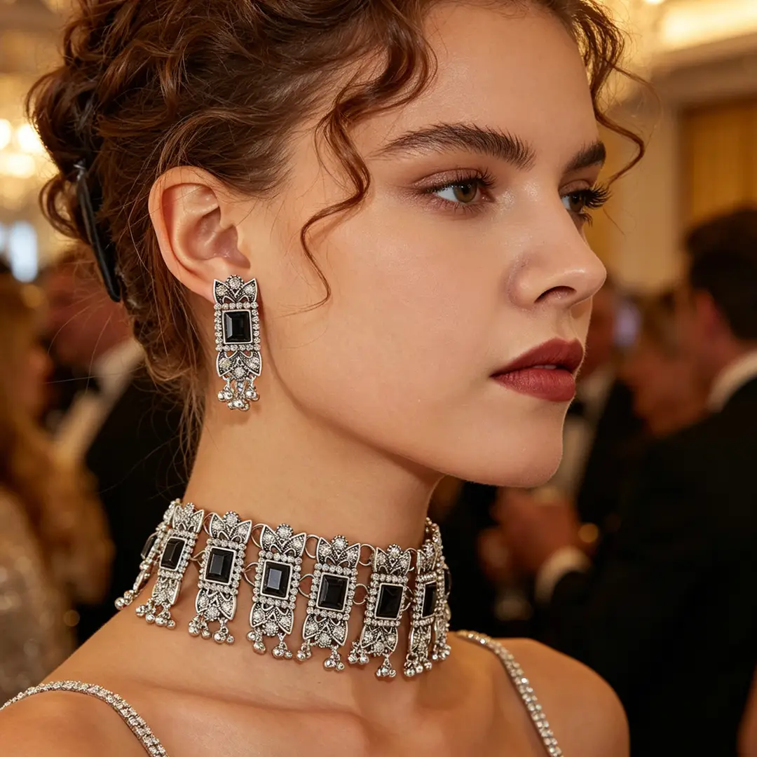Cross-border bestseller: Exaggerated square diamond earrings and necklace set, vintage ethnic style, luxurious earrings, simple choker accessory — feature 13