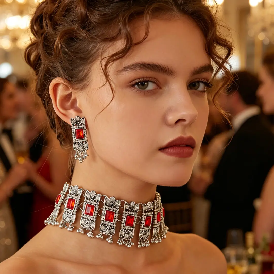 Cross-border bestseller: Exaggerated square diamond earrings and necklace set, vintage ethnic style, luxurious earrings, simple choker accessory — feature 14