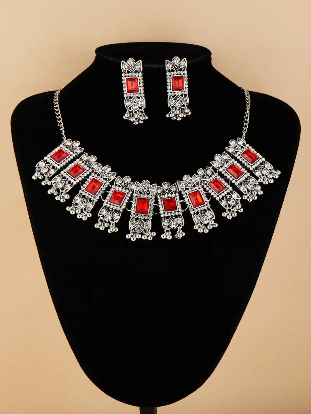Cross-border bestseller: Exaggerated square diamond earrings and necklace set, vintage ethnic style, luxurious earrings, simple choker accessory — feature 20