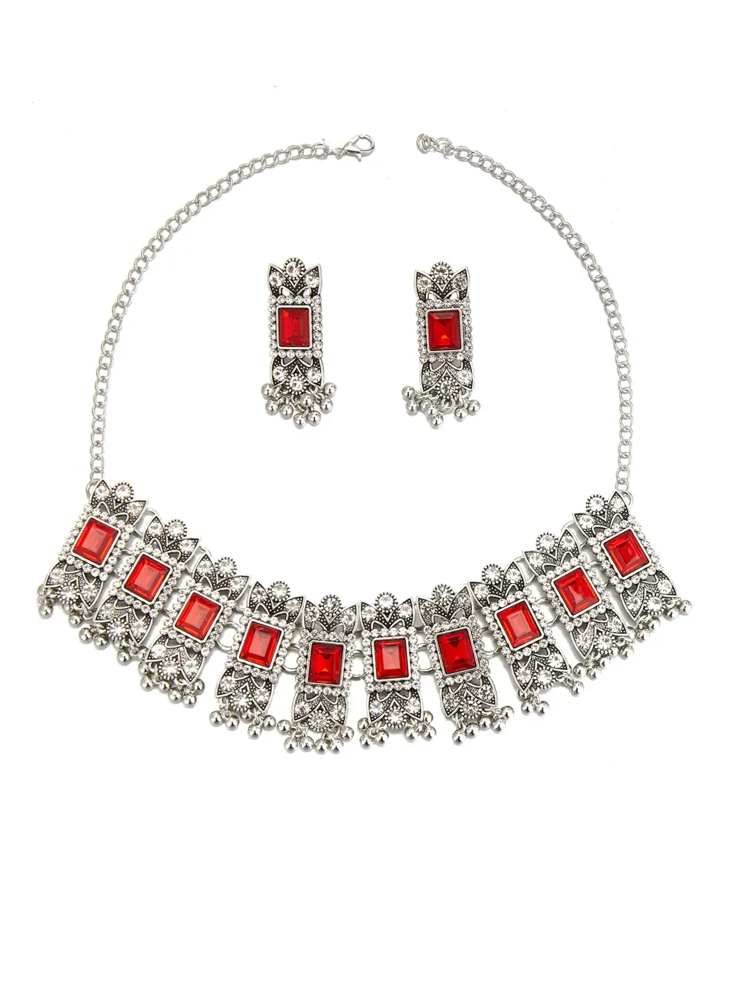 Cross-border bestseller: Exaggerated square diamond earrings and necklace set, vintage ethnic style, luxurious earrings, simple choker accessory — feature 28