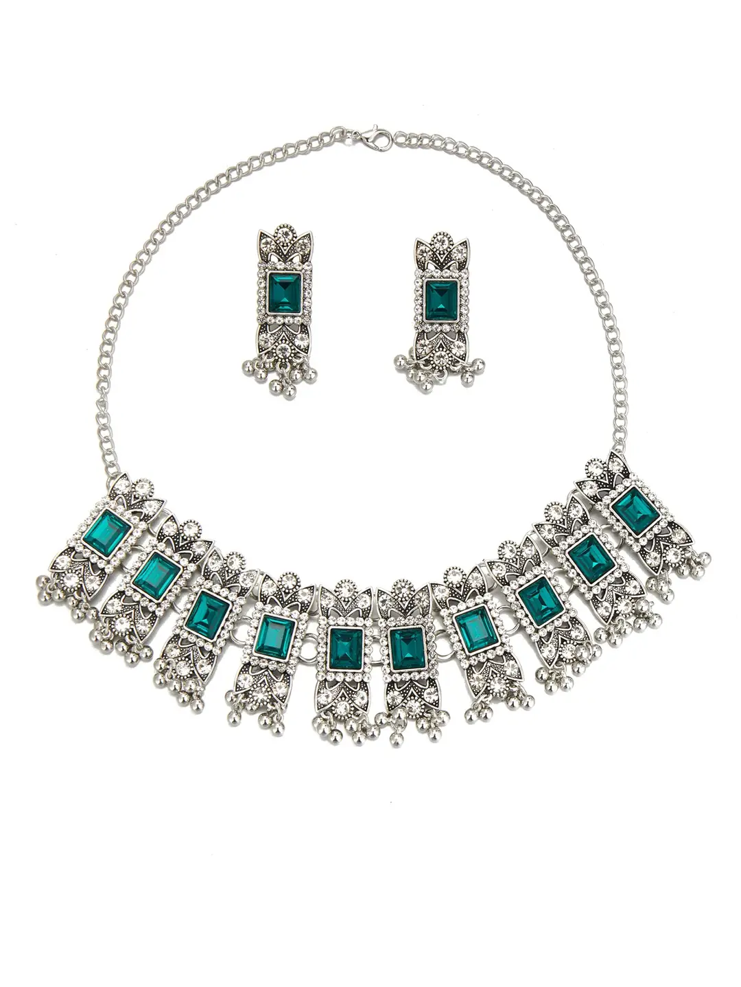 Cross-border bestseller: Exaggerated square diamond earrings and necklace set, vintage ethnic style, luxurious earrings, simple choker accessory — feature 29