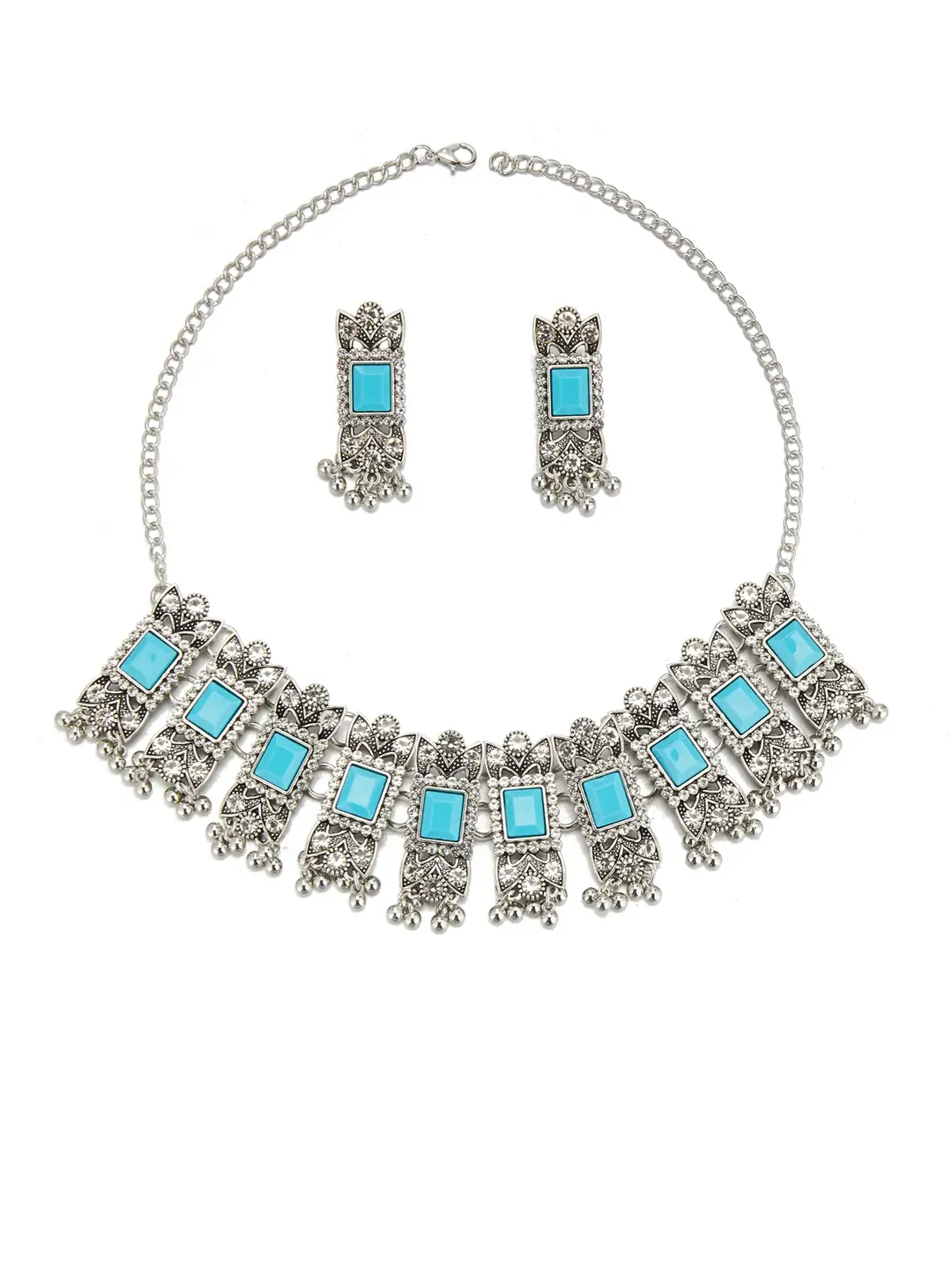 Cross-border bestseller: Exaggerated square diamond earrings and necklace set, vintage ethnic style, luxurious earrings, simple choker accessory — feature 30
