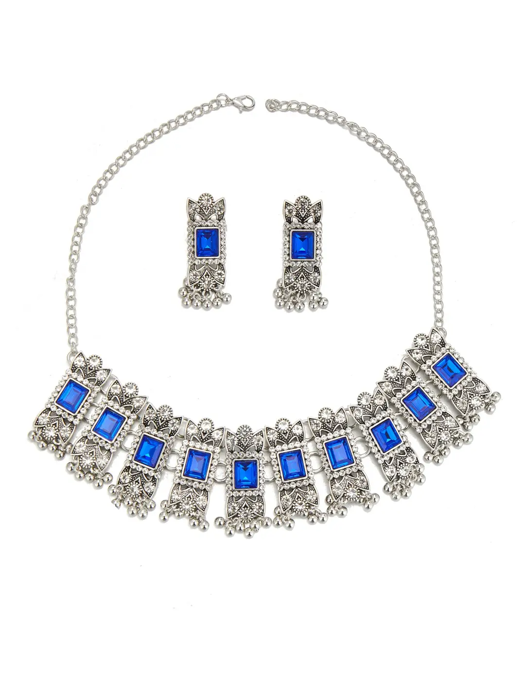 Cross-border bestseller: Exaggerated square diamond earrings and necklace set, vintage ethnic style, luxurious earrings, simple choker accessory — feature 32