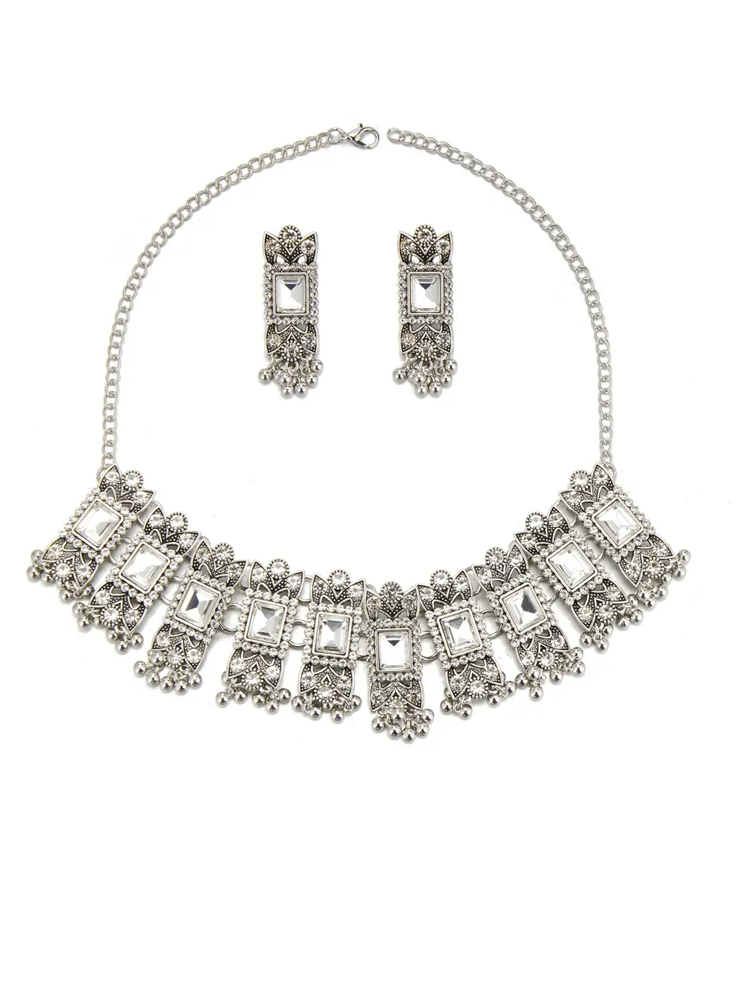 Cross-border bestseller: Exaggerated square diamond earrings and necklace set, vintage ethnic style, luxurious earrings, simple choker accessory — feature 33