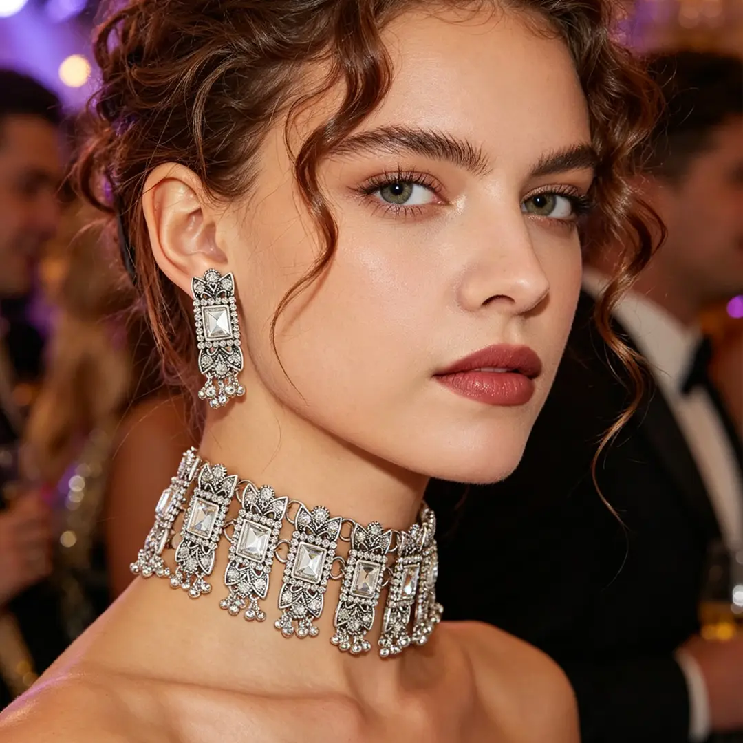 Cross-border bestseller: Exaggerated square diamond earrings and necklace set, vintage ethnic style, luxurious earrings, simple choker accessory — feature 6