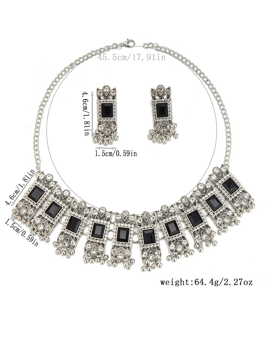 Cross-border bestseller: Exaggerated square diamond earrings and necklace set, vintage ethnic style, luxurious earrings, simple choker accessory — feature 7