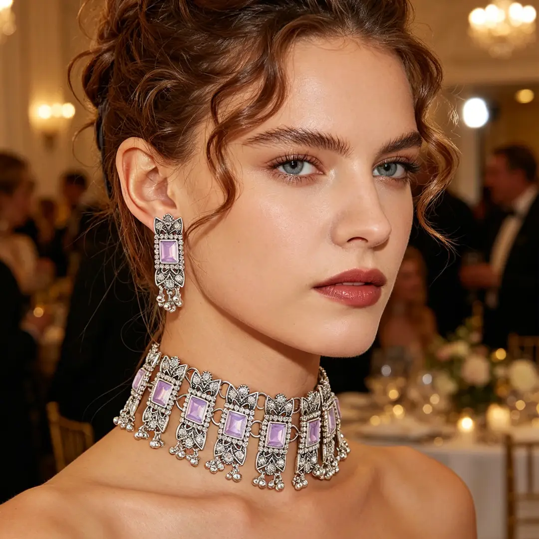 Cross-border bestseller: Exaggerated square diamond earrings and necklace set, vintage ethnic style, luxurious earrings, simple choker accessory — feature 9