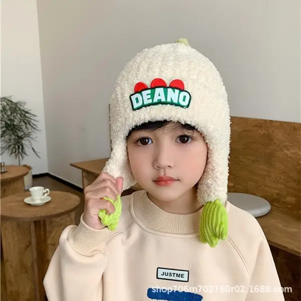 Children's Hat Autumn/Winter 2025 New Model Ear Protection Thickened Knit Hat for Older Kids, Dinosaur Design, Unisex, Trendy Woolen Hat