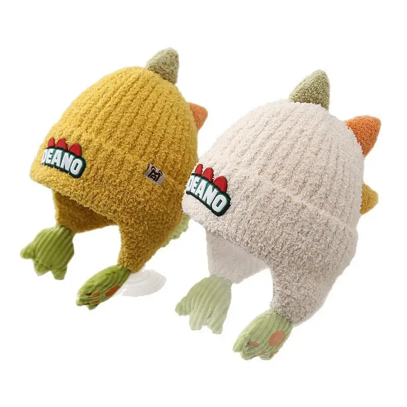 Children's Hat Autumn/Winter 2025 New Model Ear Protection Thickened Knit Hat for Older Kids, Dinosaur Design, Unisex, Trendy Woolen Hat