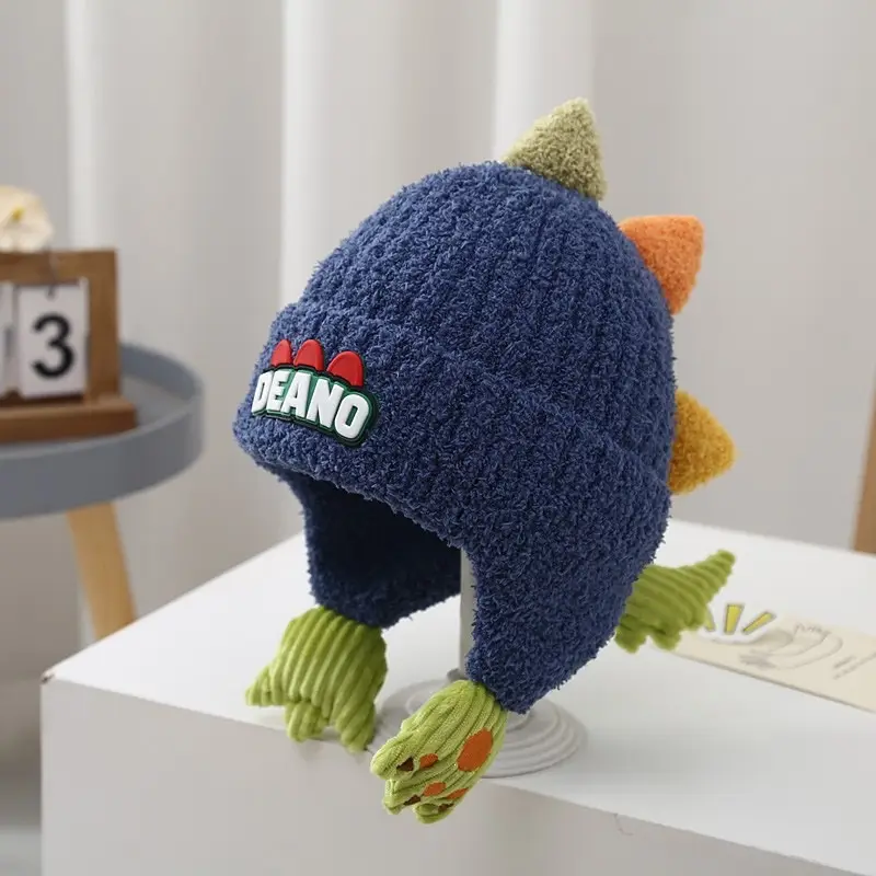 Children's Hat Autumn/Winter 2025 New Model Ear Protection Thickened Knit Hat for Older Kids, Dinosaur Design, Unisex, Trendy Woolen Hat — feature 9