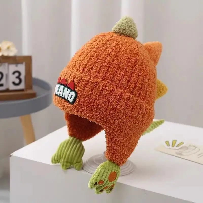 Children's Hat Autumn/Winter 2025 New Model Ear Protection Thickened Knit Hat for Older Kids, Dinosaur Design, Unisex, Trendy Woolen Hat