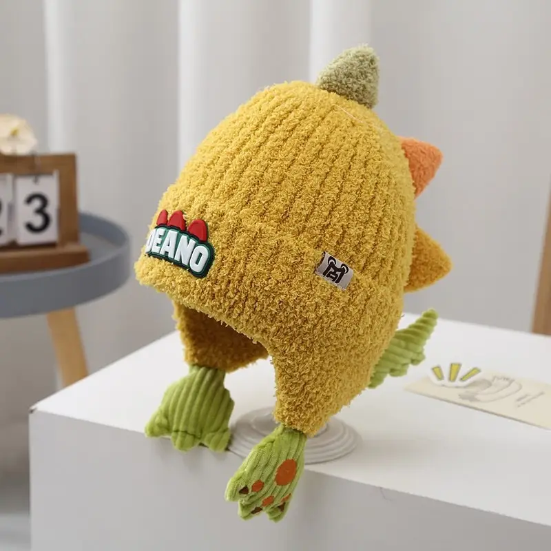 Children's Hat Autumn/Winter 2025 New Model Ear Protection Thickened Knit Hat for Older Kids, Dinosaur Design, Unisex, Trendy Woolen Hat