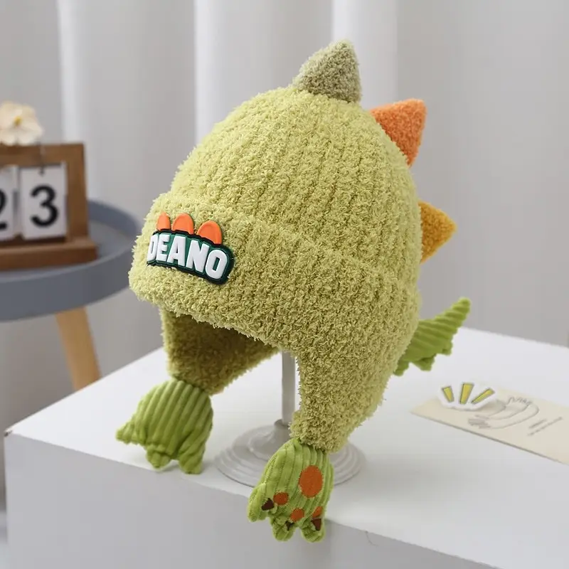 Children's Hat Autumn/Winter 2025 New Model Ear Protection Thickened Knit Hat for Older Kids, Dinosaur Design, Unisex, Trendy Woolen Hat