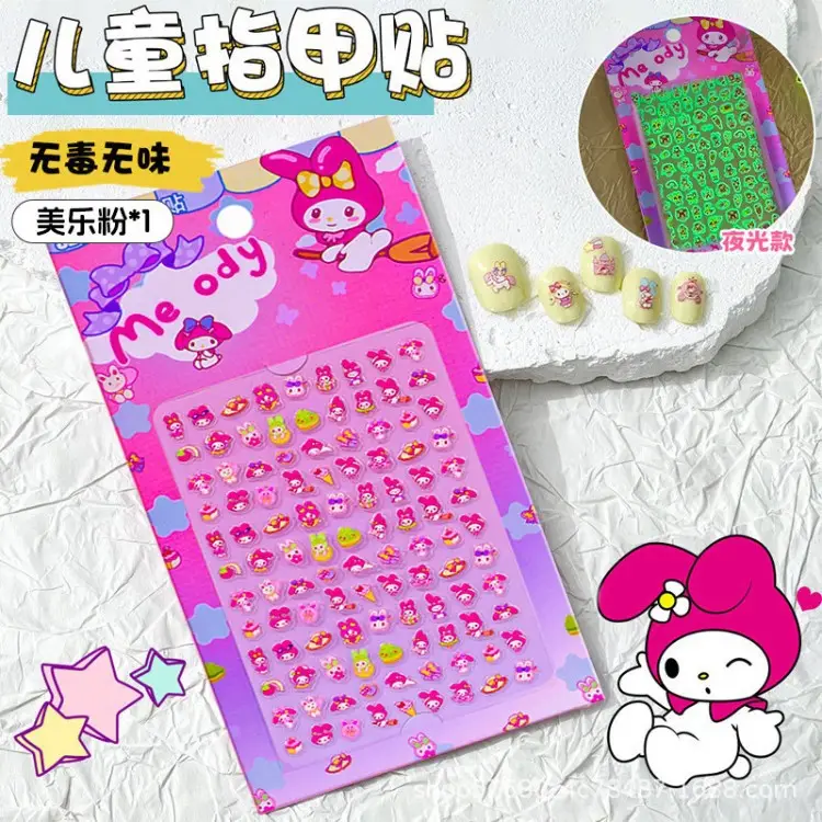 Glow-in-the-dark nail stickers for children, girls, princesses, wearable nail art stickers, odorless baby toy, cute cartoon nails