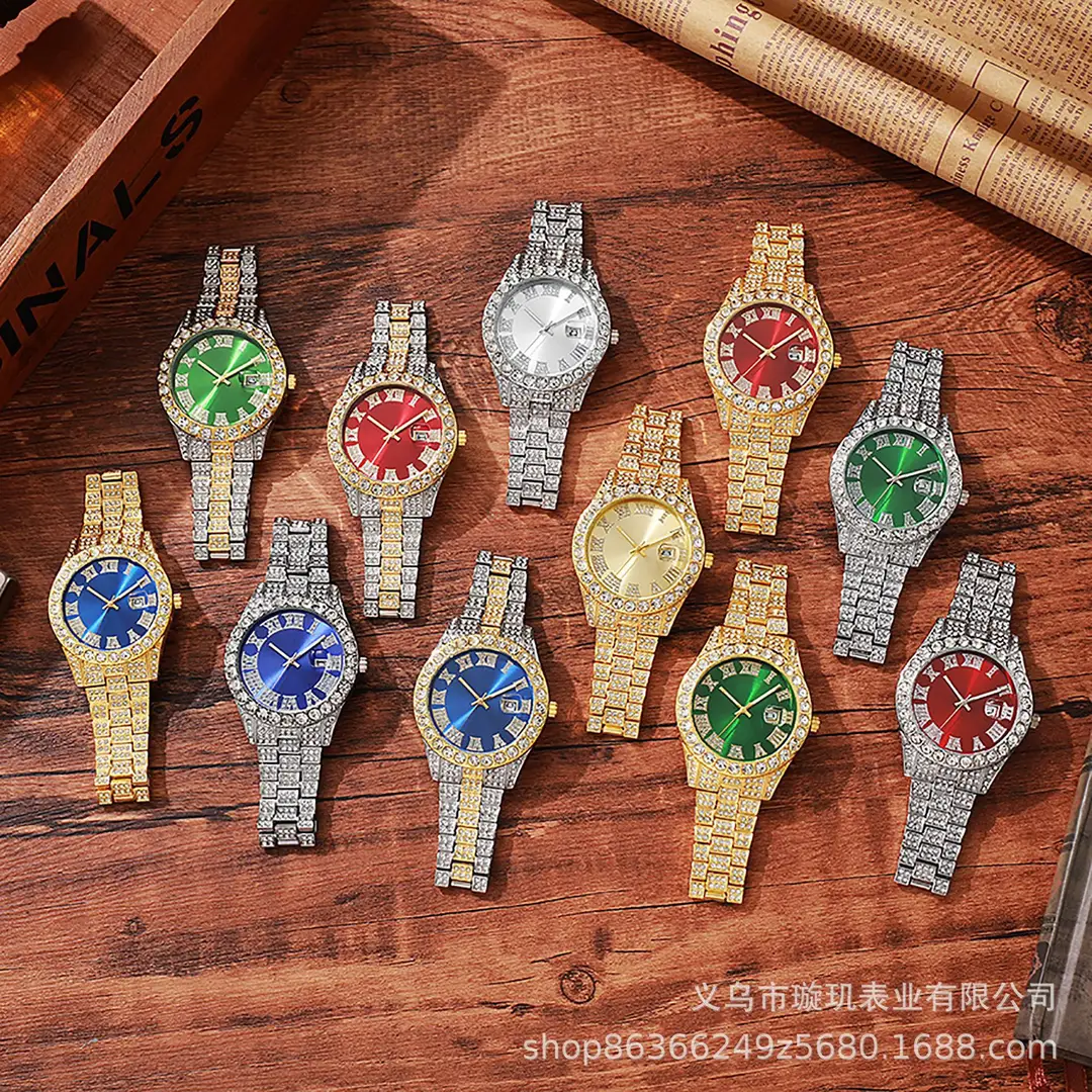 Cross-border bestseller men's steel band quartz watch, hip-hop business Roman numeral diamond-encrusted calendar wristwatch, large dial full-diamond watch