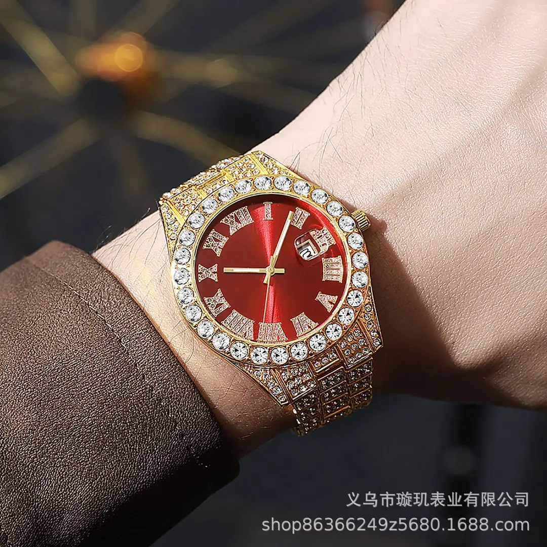 Cross-border bestseller men's steel band quartz watch, hip-hop business Roman numeral diamond-encrusted calendar wristwatch, large dial full-diamond watch