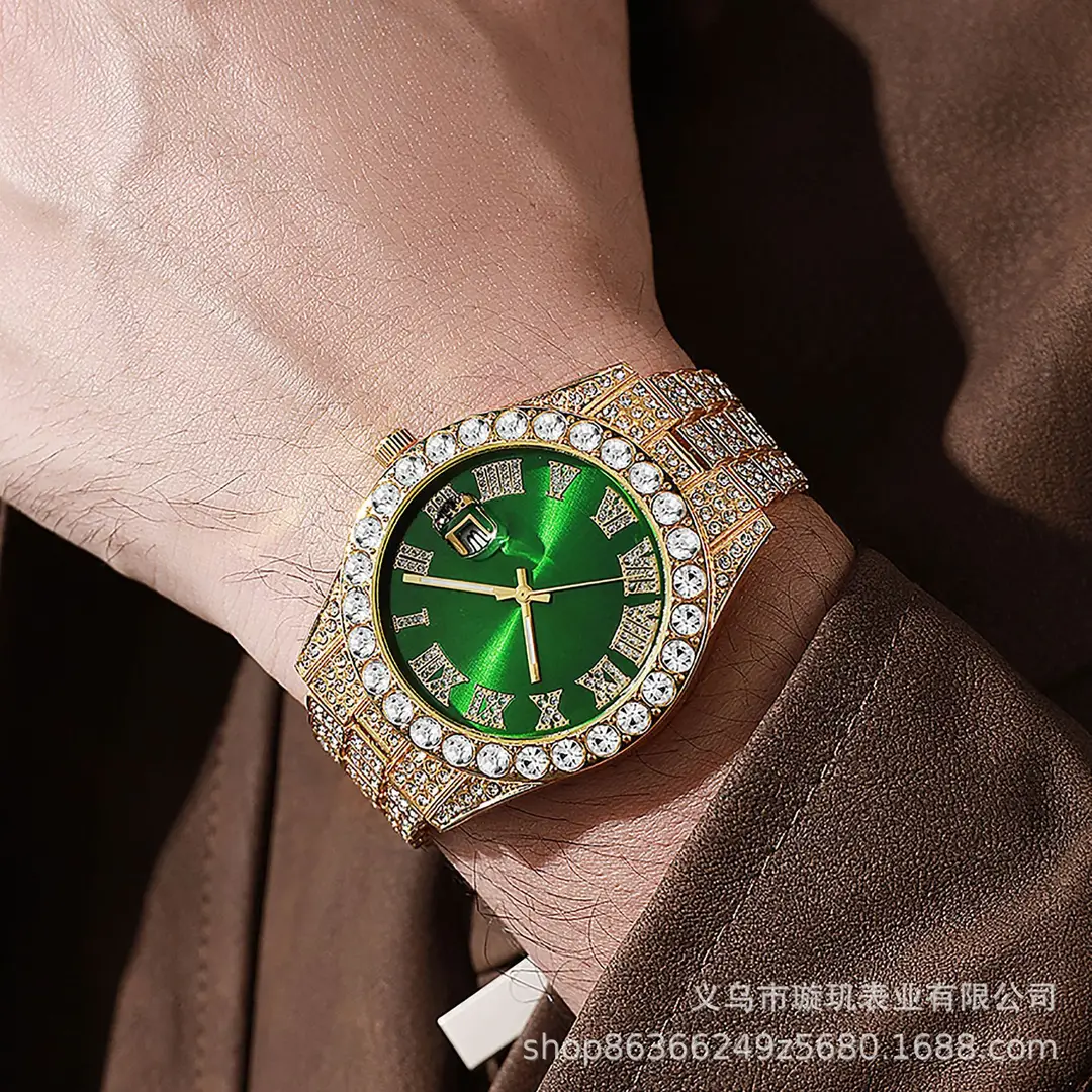 Cross-border bestseller men's steel band quartz watch, hip-hop business Roman numeral diamond-encrusted calendar wristwatch, large dial full-diamond watch