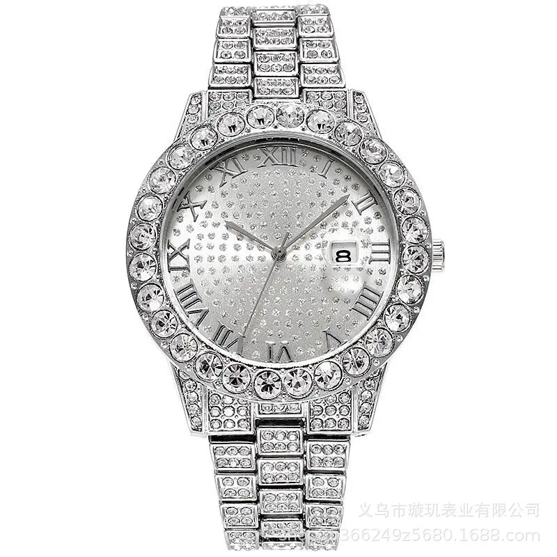 Cross-border bestseller men's steel band quartz watch, hip-hop business Roman numeral diamond-encrusted calendar wristwatch, large dial full-diamond watch