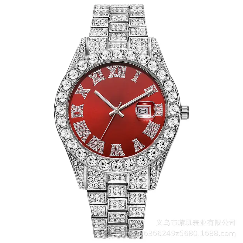 Cross-border bestseller men's steel band quartz watch, hip-hop business Roman numeral diamond-encrusted calendar wristwatch, large dial full-diamond watch