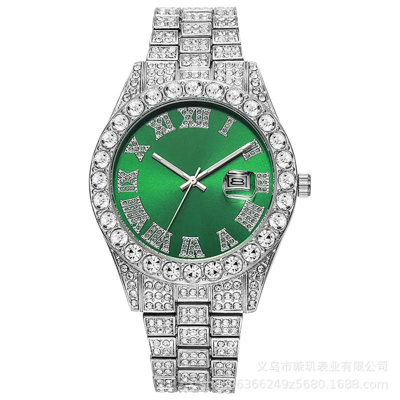 Cross-border bestseller men's steel band quartz watch, hip-hop business Roman numeral diamond-encrusted calendar wristwatch, large dial full-diamond watch