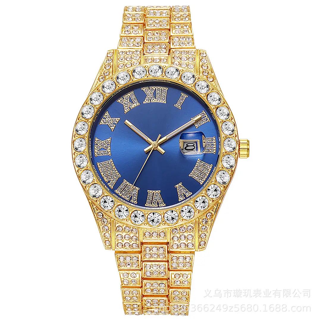 Cross-border bestseller men's steel band quartz watch, hip-hop business Roman numeral diamond-encrusted calendar wristwatch, large dial full-diamond watch