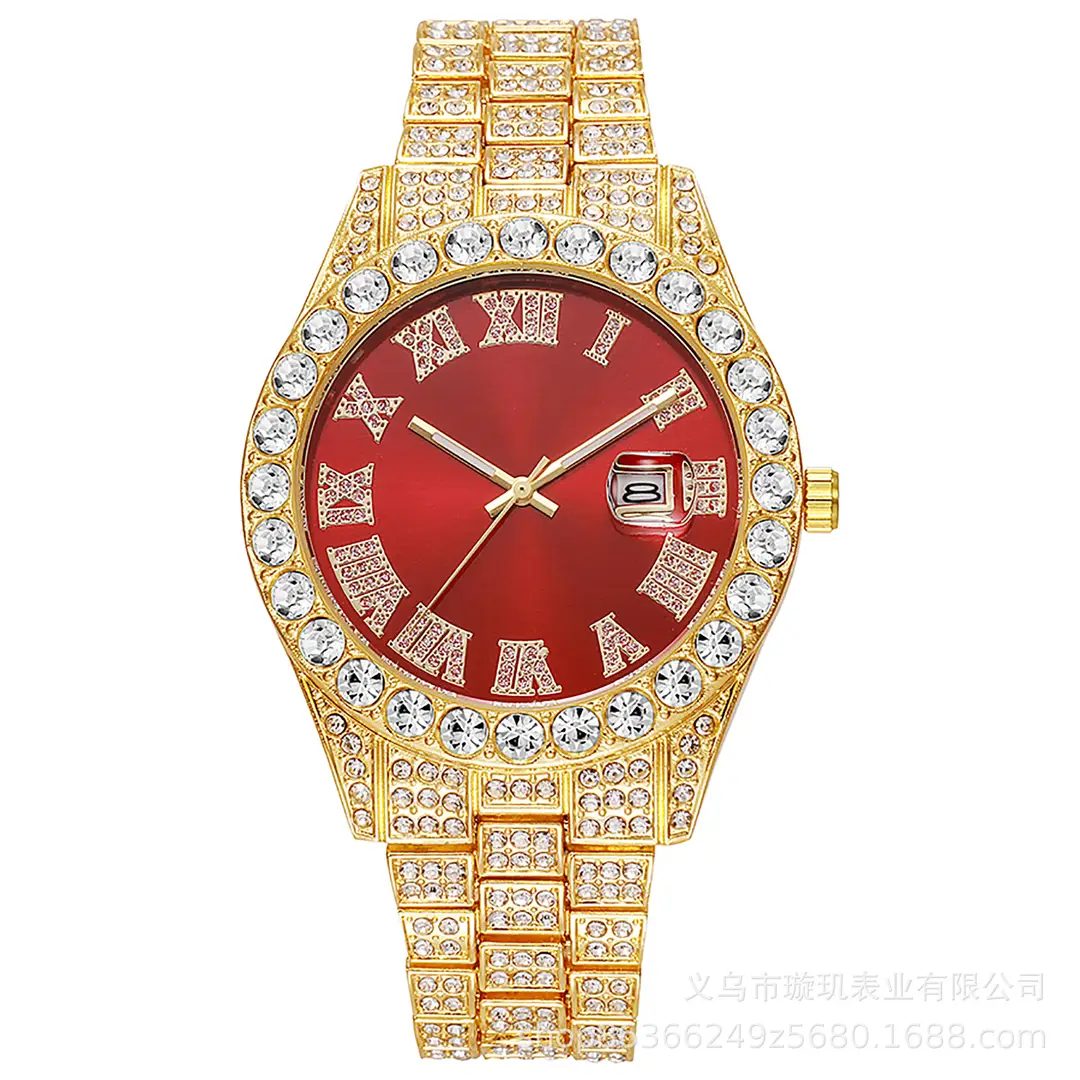 Cross-border bestseller men's steel band quartz watch, hip-hop business Roman numeral diamond-encrusted calendar wristwatch, large dial full-diamond watch