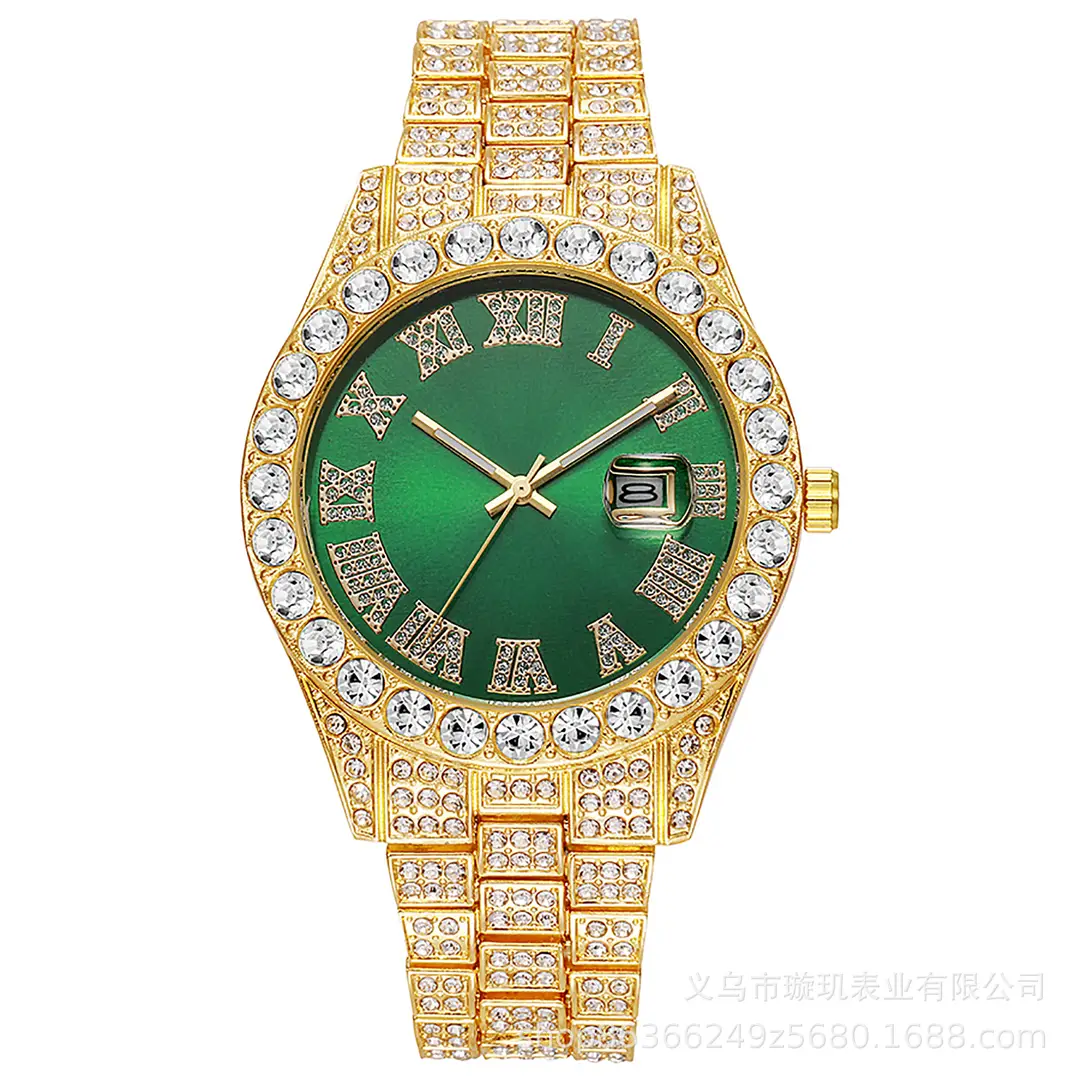Cross-border bestseller men's steel band quartz watch, hip-hop business Roman numeral diamond-encrusted calendar wristwatch, large dial full-diamond watch