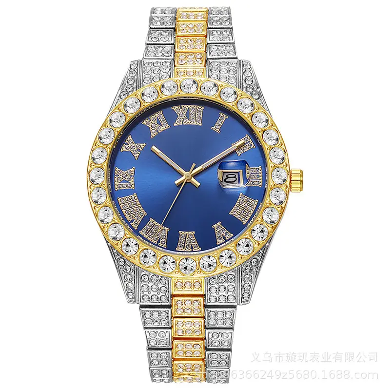 Cross-border bestseller men's steel band quartz watch, hip-hop business Roman numeral diamond-encrusted calendar wristwatch, large dial full-diamond watch