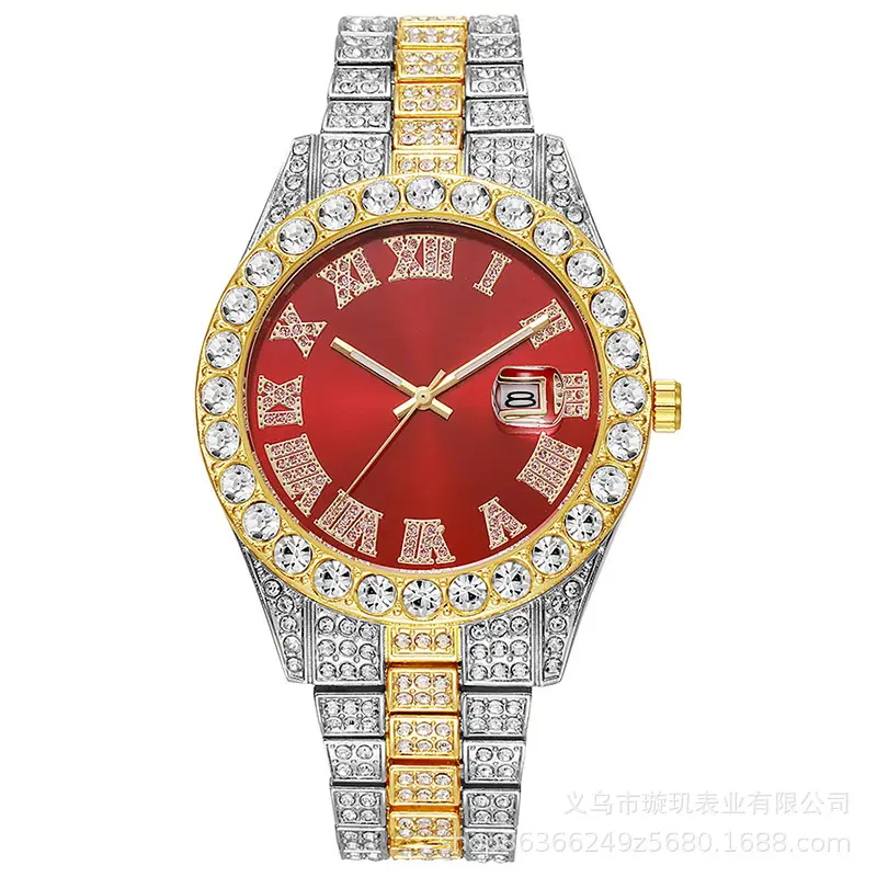 Cross-border bestseller men's steel band quartz watch, hip-hop business Roman numeral diamond-encrusted calendar wristwatch, large dial full-diamond watch