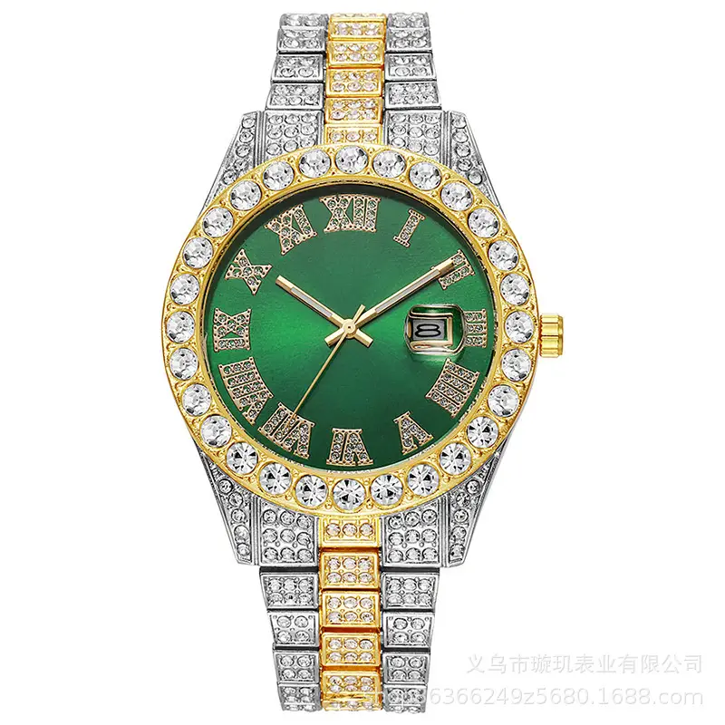 Cross-border bestseller men's steel band quartz watch, hip-hop business Roman numeral diamond-encrusted calendar wristwatch, large dial full-diamond watch