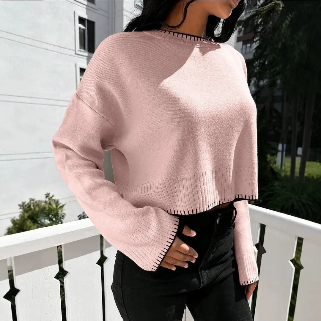 Cross-border Amazon high-waisted color-block knit sweater for women, 2026 autumn and winter new style, loose casual short pullover sweater for women