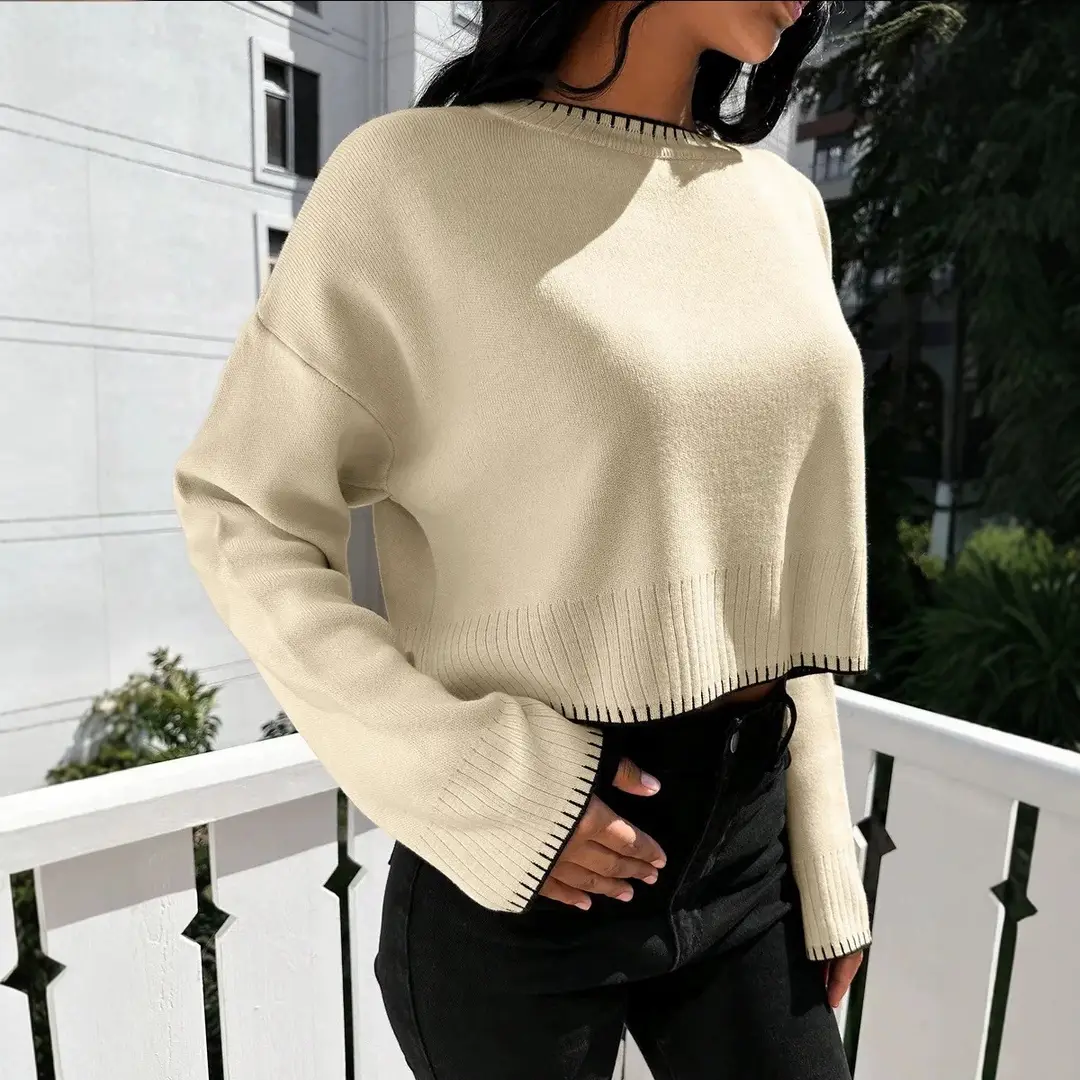 Cross-border Amazon high-waisted color-block knit sweater for women, 2026 autumn and winter new style, loose casual short pullover sweater for women