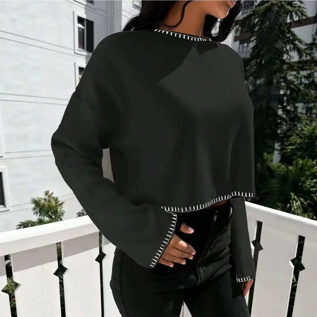 Cross-border Amazon high-waisted color-block knit sweater for women, 2026 autumn and winter new style, loose casual short pullover sweater for women
