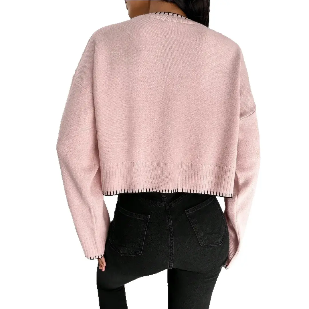 Cross-border Amazon high-waisted color-block knit sweater for women, 2026 autumn and winter new style, loose casual short pullover sweater for women