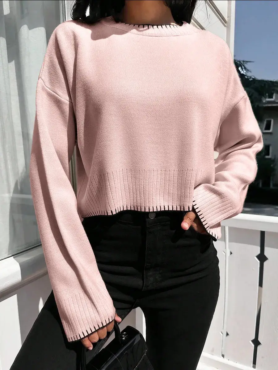 Cross-border Amazon high-waisted color-block knit sweater for women, 2026 autumn and winter new style, loose casual short pullover sweater for women — feature 1