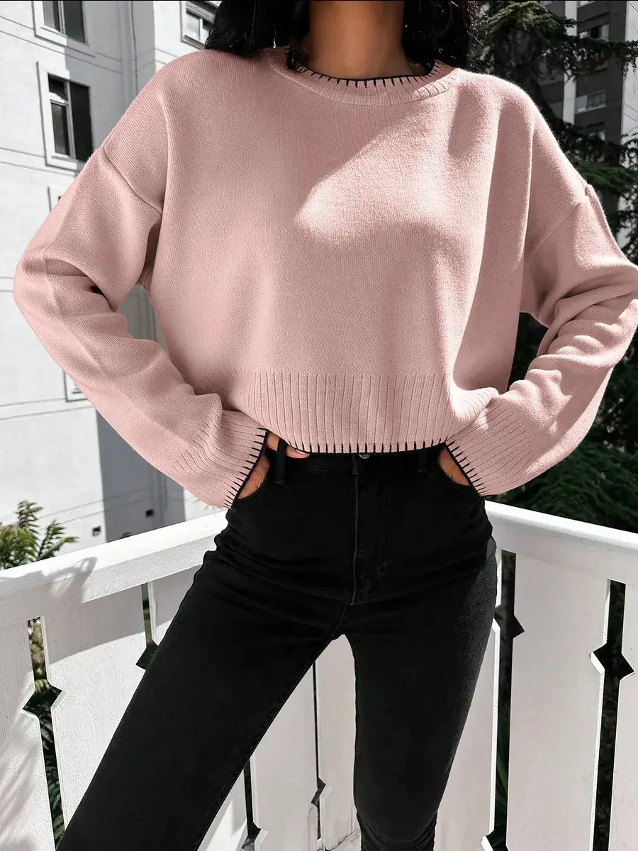 Cross-border Amazon high-waisted color-block knit sweater for women, 2026 autumn and winter new style, loose casual short pullover sweater for women — feature 10
