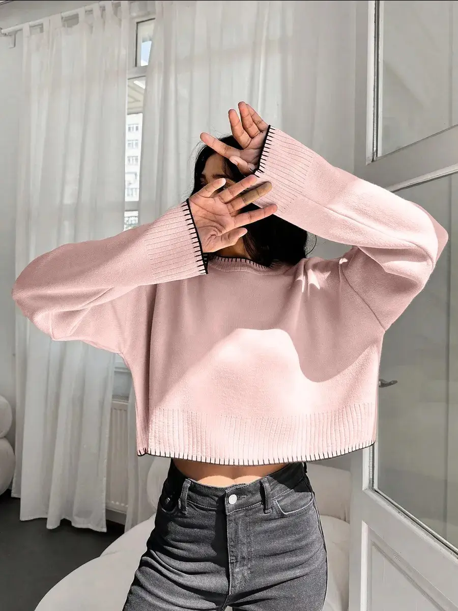 Cross-border Amazon high-waisted color-block knit sweater for women, 2026 autumn and winter new style, loose casual short pullover sweater for women — feature 11