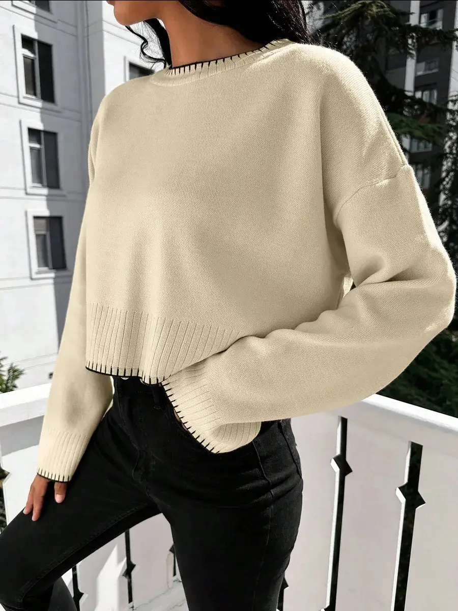 Cross-border Amazon high-waisted color-block knit sweater for women, 2026 autumn and winter new style, loose casual short pullover sweater for women — feature 12