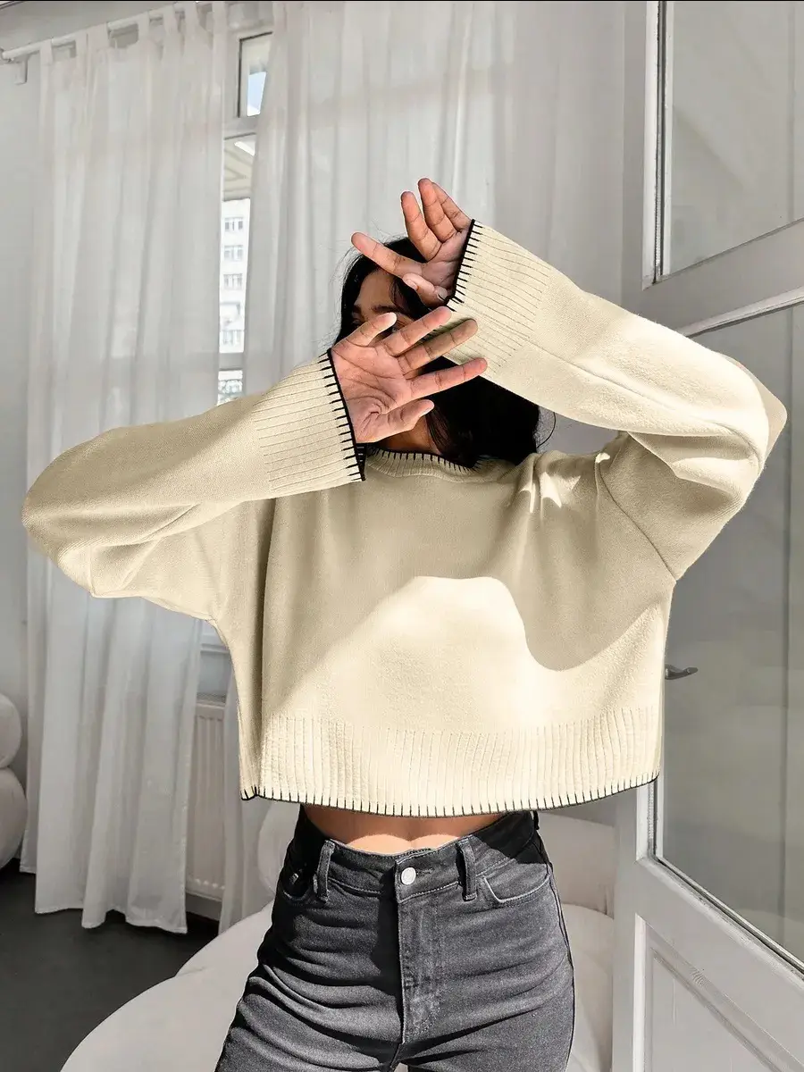 Cross-border Amazon high-waisted color-block knit sweater for women, 2026 autumn and winter new style, loose casual short pullover sweater for women — feature 13