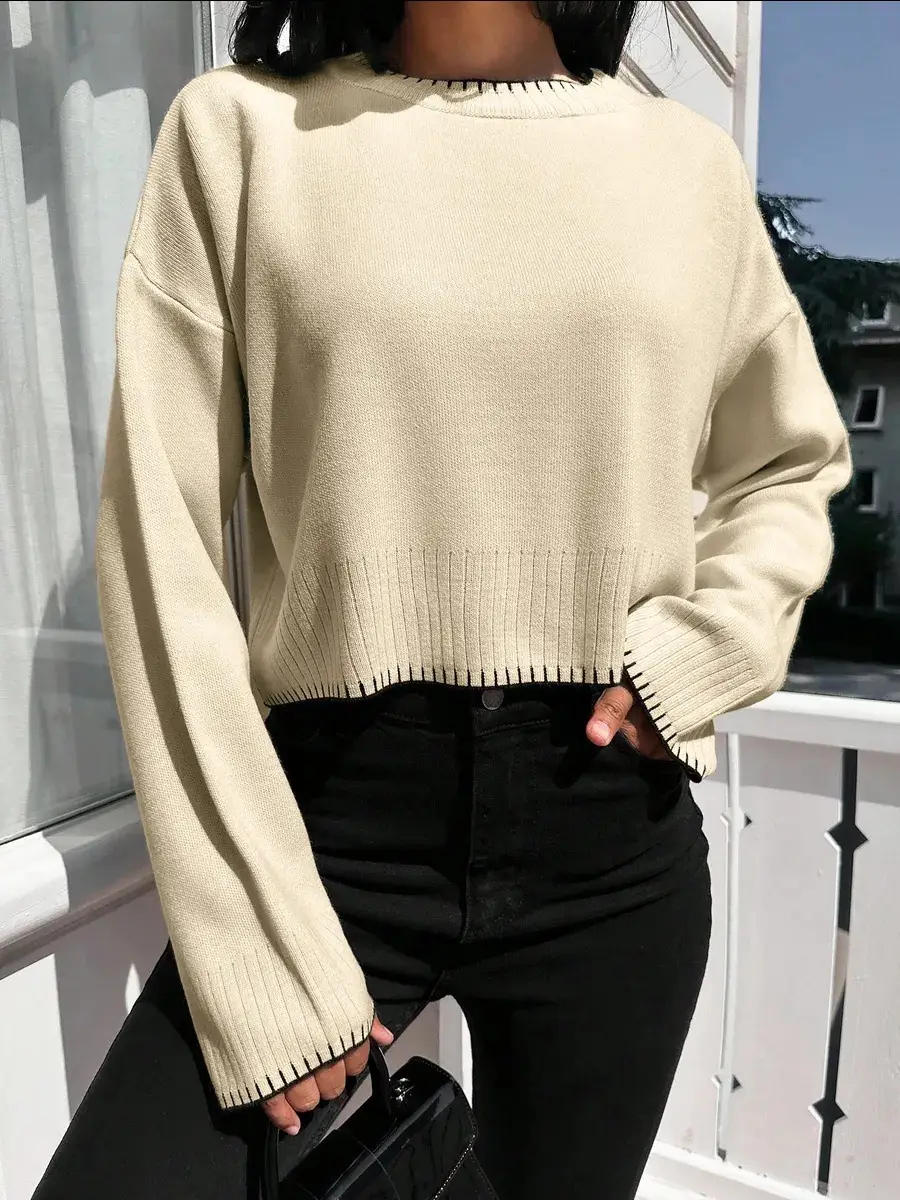 Cross-border Amazon high-waisted color-block knit sweater for women, 2026 autumn and winter new style, loose casual short pullover sweater for women — feature 14