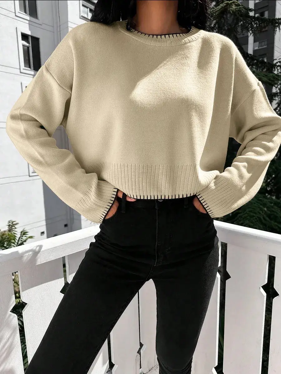 Cross-border Amazon high-waisted color-block knit sweater for women, 2026 autumn and winter new style, loose casual short pullover sweater for women — feature 16