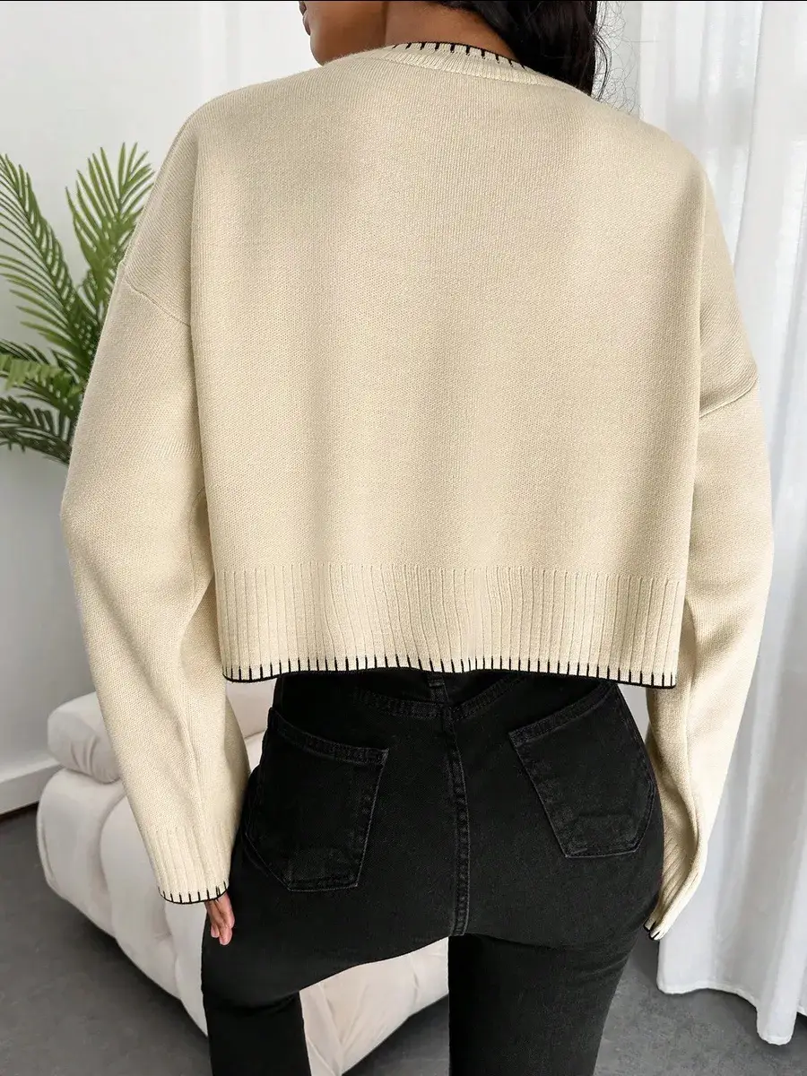 Cross-border Amazon high-waisted color-block knit sweater for women, 2026 autumn and winter new style, loose casual short pullover sweater for women — feature 17